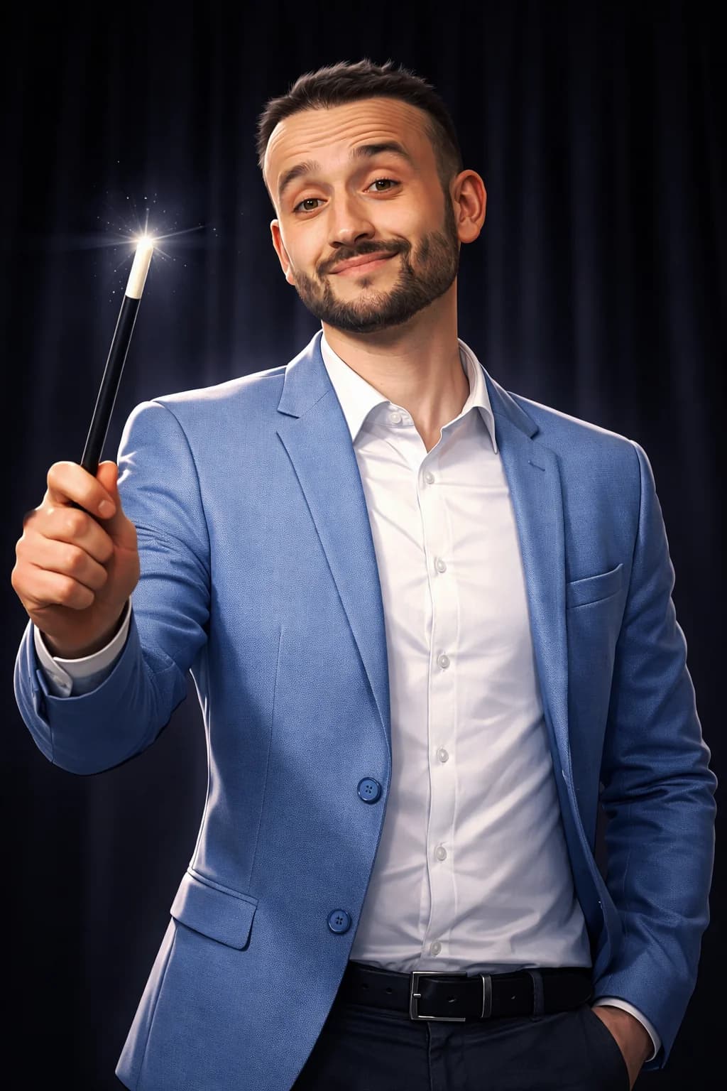 Tyson Dumas, magicien mentaliste, baguette en main devant un rideau de scène